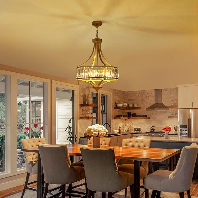 20" Modern Crystal Chandelier, 5-Light Gold Dinning Room Light Fixtures Over Table, Hanging Round Pendant Chandelier for Kitchen Island Entryway Bedroom Office Bathroom Stairwell-CasaMuseHome