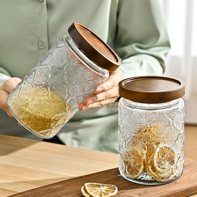 32oz Vintage Glass Jar With Lid, Glass Storage Containers, Airtight Kitchen Storage Containers For Sugar, Coffee, Tea, Spice, Flour, Candy Cookie, Pasta, Cereal, Cute Decorative Jars-CasaMuseHome