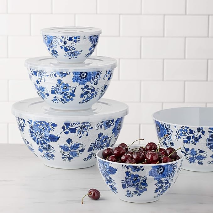 Amazon Basics Nesting Melamine Mixing Round Bowl with Lid and Non-Slip Base, 5 Sizes, Blue and White Floral, Set of 10, 4 quarts, 3 15/16",7 9/16",8 7/8",10",11 1/4"-CasaMuseHome