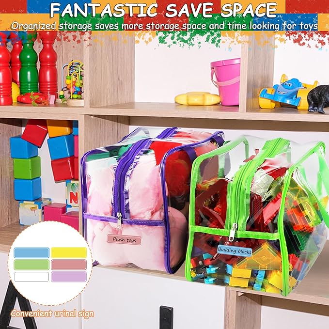 6 Colors Widen X-Large Toy Storage Bags 12.6×9.25×6.9In with Labels, Reusable Clear PVC Board Game Storage, Travel Waterproof Organizer Bags with Zipper for Building Blocks, Puzzle, Stuffed Animals-CasaMuseHome