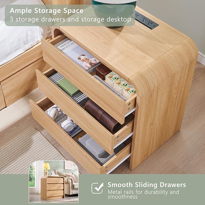 25" Tall Modern Nightstand with Charging Station, 23.6'' Wide Wood Bedside Table w/3 Storage Drawers, Small Dresser w/Curved Profile Design, End Table for Bedroom, Natural Oak-CasaMuseHome