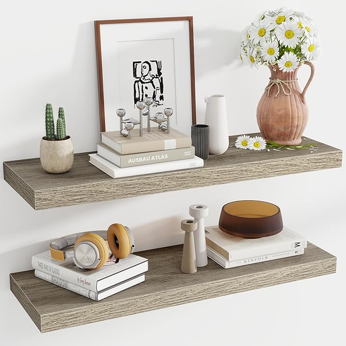 36 Inch Floating Shelves, 12 Inch Deep Floating Shelves for Wall, Floating Shelf with Invisible Brackets, Deep Shelves for Bathroom, Bedroom, Living Room, 2 Pack, Vintage Gray Oak-CasaMuseHome