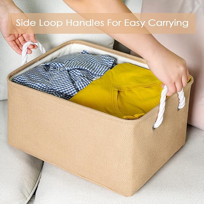 TheWarmHome Large Storage Basket - Fabric Storage Baskets for Organizing Shelves, Collapsible Storage Bin Organizer for Closet Bookself Laundry Dog Toy Home Organization, Decorative Beige Basket Gift-CasaMuseHome
