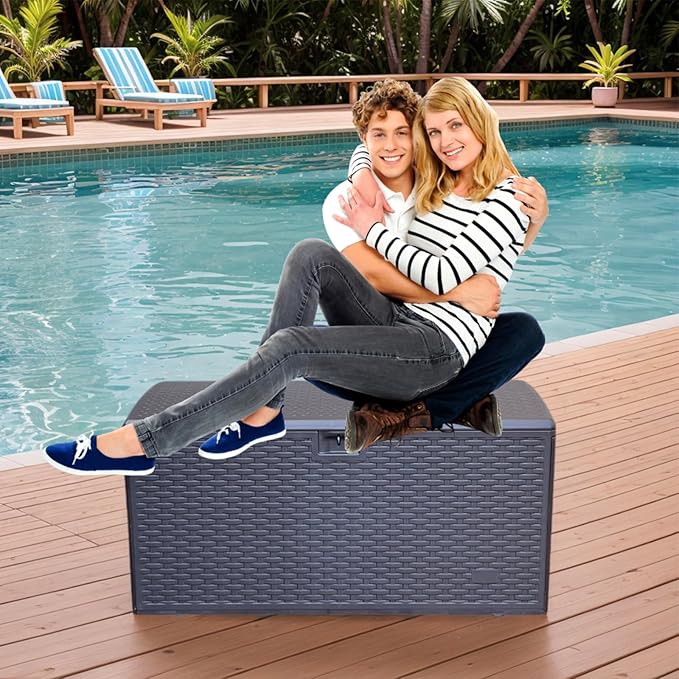 73 Gallon Large Storage Box with Lid,Waterproof Outdoor Storage Container for Patio Furniture Cushions, Gardening Tools, Pool Accessories, Lockable Resin Deck Box with handle Brown-CasaMuseHome