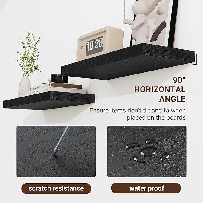 36 Inch Floating Shelves, 36"x9.25"x1.5" Inch Deep Floating Shelves for Wall, Wooden Shelves for Bathroom, Bedroom, Living Room, Black-CasaMuseHome