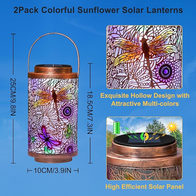 2Pack Solar Outdoor Lanterns Waterproof Multicolor Dragonfly Garden Gifts for Mom Women Backyard Lights Lanterns for Indoor,Outdoor, Porch, Outside,Mothers Day Gifts for Grandma Wife-CasaMuseHome