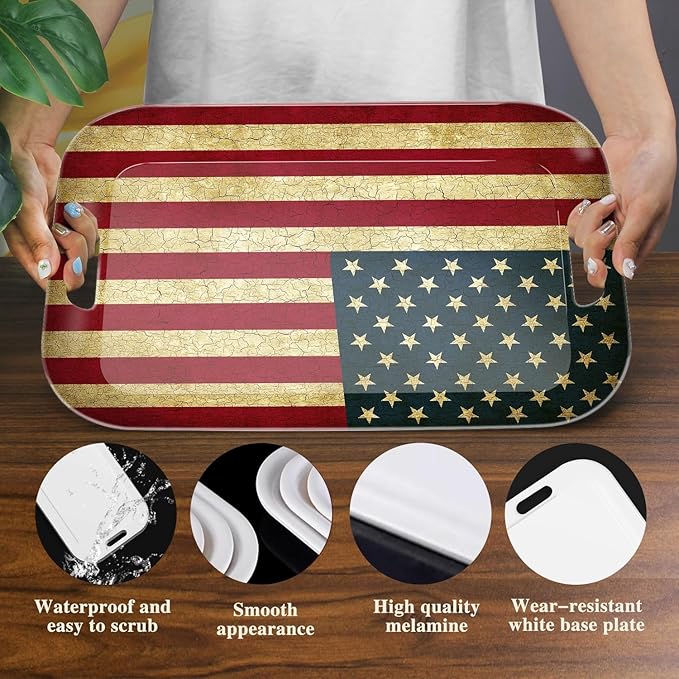Serving Trays with Handles, 14.5 x 9.8 inch Rectangular Plastic Tray for Restaurant, Kitchen, Vintage United States of America Flag-CasaMuseHome