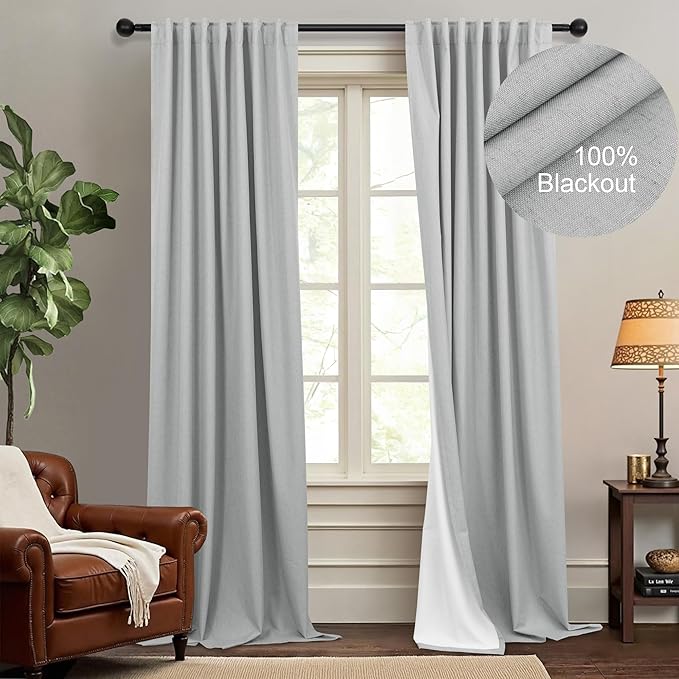 100 Percent Blackout Sliding Glass Door Curtains 120 Inches Long 2 Panels 10 FT Theater Floor to Ceiling Drape Linen Cotton Textured Luxury Curtains Farmhouse Black Out Light Grey Gray White Back Tab-CasaMuseHome