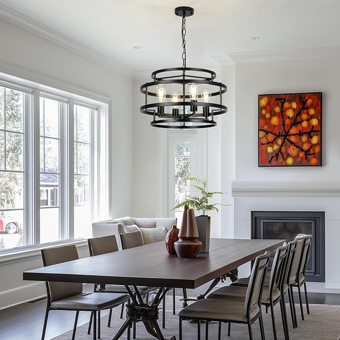 4-Light Black Chandelier for Dining Room, 19.7" Modern Farmhouse Pendant Light with Geometric Metal Frame, Industrial Flush Mount Ceiling Light for Living Room, Bedroom, Kitchen Island, Hallway, Foyer-CasaMuseHome