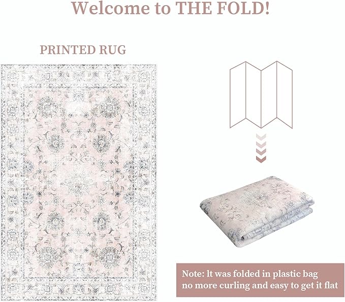 2'x3' Vintage Floral Rug - Persian Inspired Low-Pile Faux Wool Area Rug, Non-Slip Washable Small Rug for Bedroom, Nursery, Dorm, Soft Pink Boho Chic Decor-CasaMuseHome