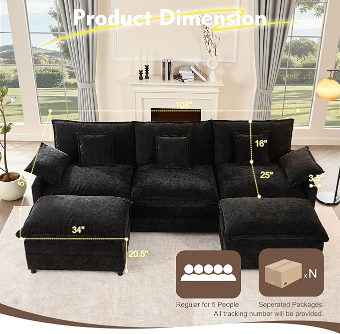108" U Shaped Couch, Modular Sectional Sofa, 3-Seater Comfy Cloud Couch with Movable Ottoman, Deep Seat Couches for Living Room, Chenille, Black-CasaMuseHome