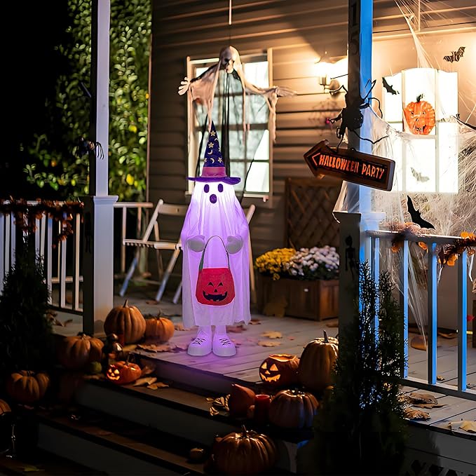 37" Cute Front Porch Light Up Halloween Ghost Décor, Kids Standing Trick or Treat Indoor and Outdoor Decorations-Star Moon-CasaMuseHome