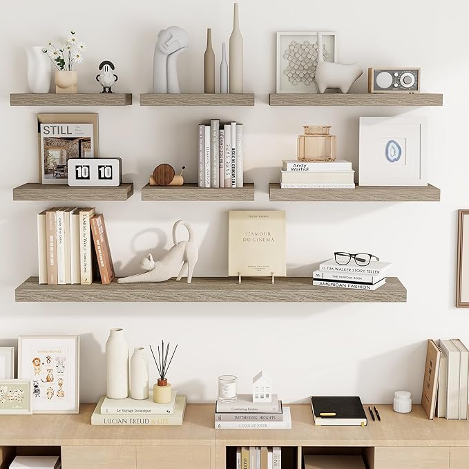 16 Inch Floating Shelves, 3D Textured Wood Grain, 16"x9.25"x1.5" Inch Deep Floating Shelves for Wall, Wooden Shelves for Bathroom, Bedroom, Living Room, Vintage Gray Oak-CasaMuseHome