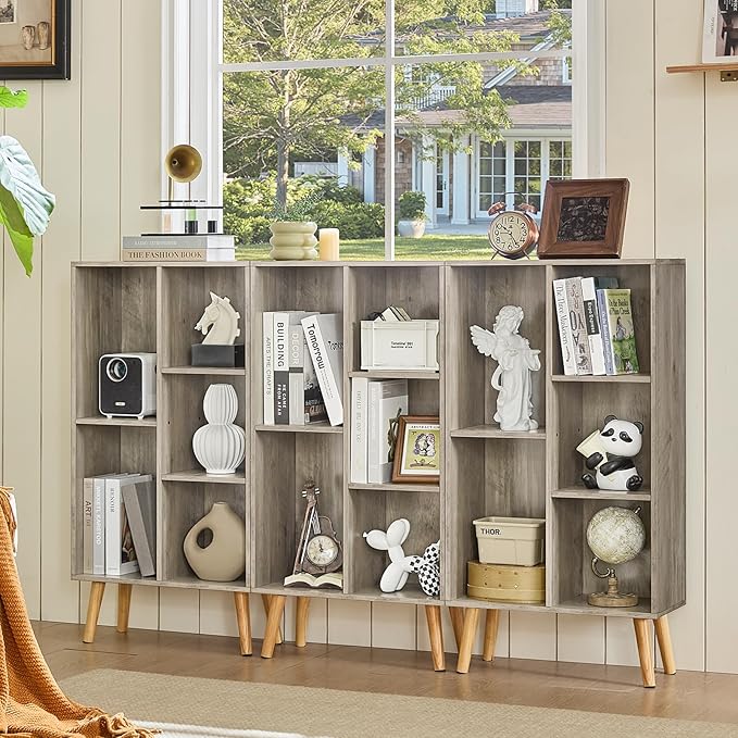 5 Cube Small Bookshelf,3 Tier Mid-Century Modern Bookcase with Legs,Wood Bookshelves Storage Organizer Shelf,Free Standing Narrow Book Shelves,Rustic Grey Corner Bookcases for Bedroom,Living Room-CasaMuseHome