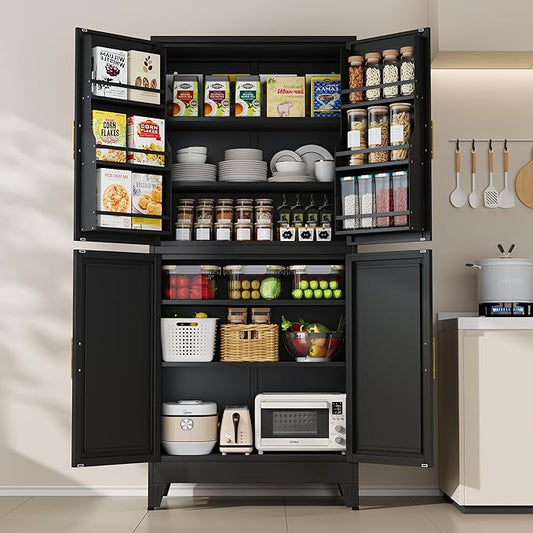 75" H Metal Storage Cabinet, Pantry with 6 Door Shelves and 4 Adjustable Shelves, Leveling Foot for Kitchen, Living Room and Dinning Room, Black-CasaMuseHome