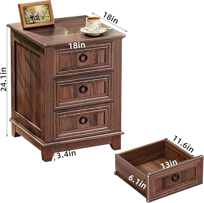 18" Farmhouse Night Stands Set of 2 with Charging Station, 2 & 3 Drawers End Table Dresser for Bedroom, Brown Wooden Nightstand, Bed Side Table with Open Shelf, Bedside Cabinet for Living Room-CasaMuseHome