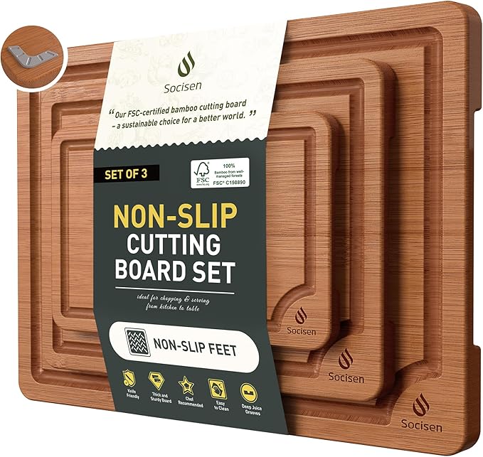 3 Packs Bamboo Cutting Board Set with Non Slip Feet and Over Sink Nice Solid Thick Wood Juice Groove Chopping Board Extra Large Big Small Best Hardwood Counter Organic Vegetable Kitchen Gadgets-CasaMuseHome
