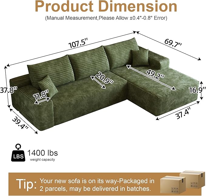 108" Sectional Couches for Living Room Modern Modular Sofa with L-Shape Couchs Upholstered Boneless Couch Deep Seat Sectional Couch with Chaise (Green, Right Facing Chaise+2Seaters)-CasaMuseHome