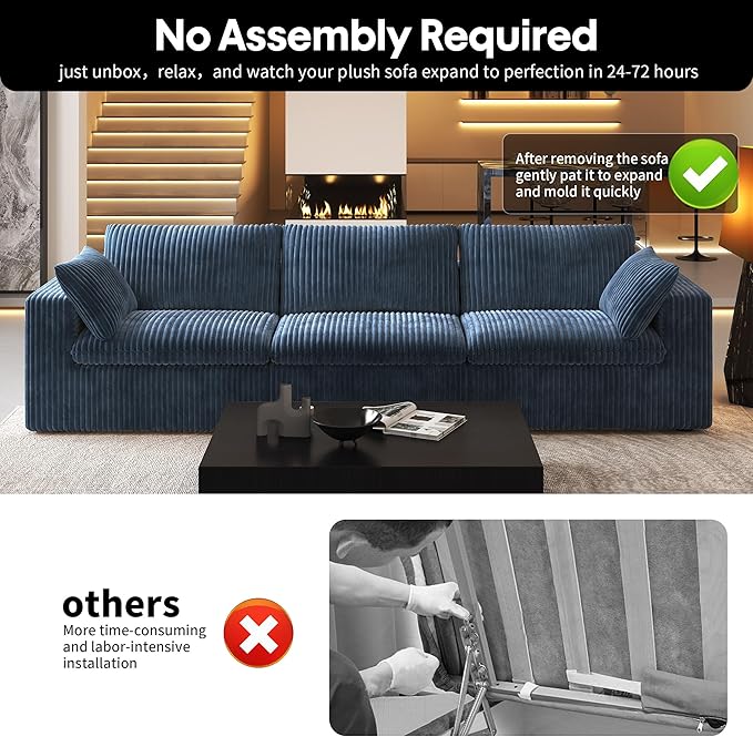 118" 3-Seater Cloud Sofa,Modular Sectional Couch,Modern Deep Seat Upholstered Couches with Plush Corduroy Fabric for Living Room Furniture,Bedroom and Apartment,No Assembly Required,Blue-CasaMuseHome
