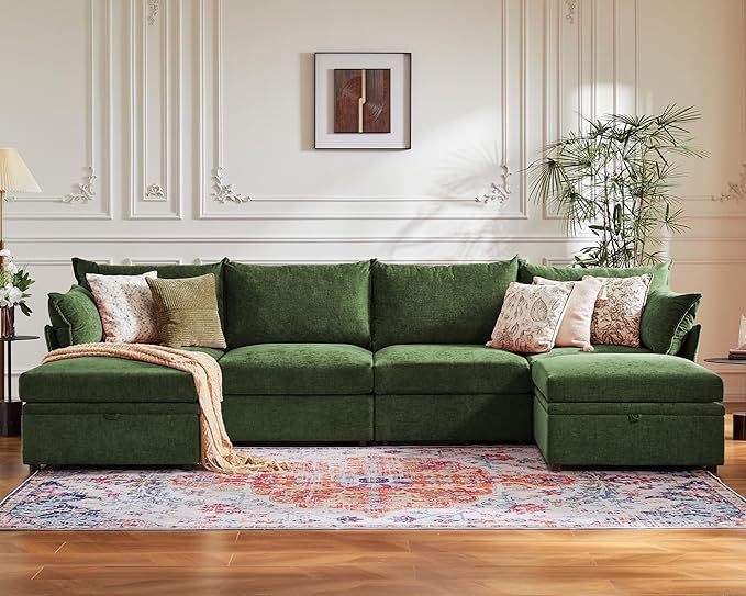 134.6" Luxury Modular Sectional Convertible Sofa with Storage Ottoman, L-Shape 5-Seat Oversized Comfy Couch Deep Seat with Reversible Chaise - Chenille Green-CasaMuseHome