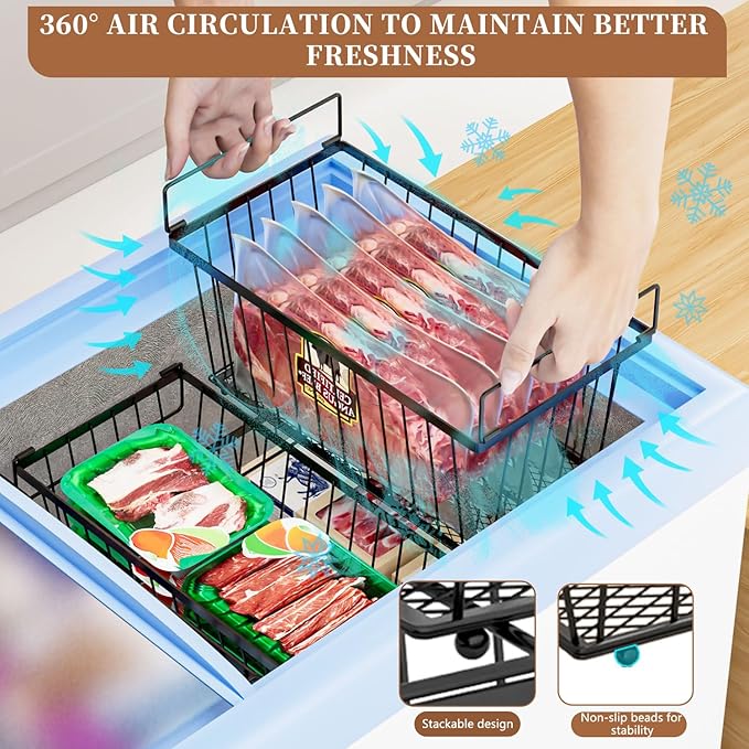 5 Pack Stackable Deep Freezer Organizer Bins ，Upgraded Bottom Leak-Proof net，Encryption and Hardening ， Freezer Organizer Bins for 5 to 7 Cu.FT Small Chest Freezer， Easy Get Bottom Foods-CasaMuseHome