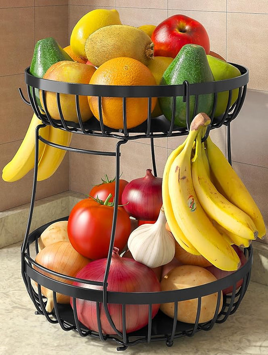 2 Tier Fruit Basket for Kitchen Counter with 2 Banana Hangers, 2025 Pro Detachable Metal Fruit Bowl with Wooden Handle,Fruit Holder for Bread Snack Veggies, Black Extra Large-CasaMuseHome