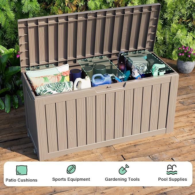 76 Gallon Outdoor Deck Box,Storage Lockable Waterproof Patio Furniture,Garden Tools,Cushions,Pool Accessories Outside Storage Resin Box(Grey)-CasaMuseHome