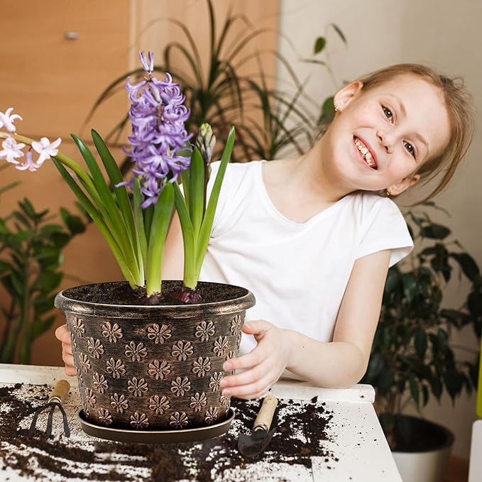 8 Inch Planter Pots for Plants, Plastic Flower Pots Indoor Outdoor, 5 Pack Resin Plant Pot with Drainage & Saucer, Retro Decorative Garden Pot with Removable Trays for House-CasaMuseHome