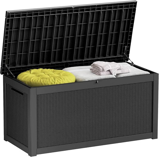 260 Gallon Deck Box XXL Large Outdoor Storage for Patio Furniture,Outdoor Cushions,Garden Tools and Pool Supplies,Waterproof,Resin,Lockable(Black Rattan)-CasaMuseHome