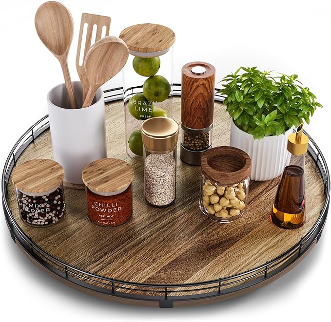 Acacia Wood 18" Lazy Susan Turntable Organizer for Table Top, Farmhouse Large Round Lazy Susan for Cabinet Kitchen Centerpieces Dining Table, for Condiments Charcuterie, Bathroom Vanity Tray Decor-CasaMuseHome