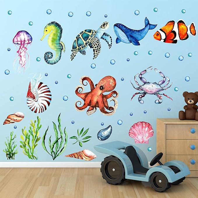 52 Pcs Ocean Fish Wall Decals Glow in The Dark Under The Sea Wall Decals Sea Animals Stickers Removable Waterproof Peel and Stick for Kids Bathroom Watercolor Ocean Decor(Funny Style)-CasaMuseHome
