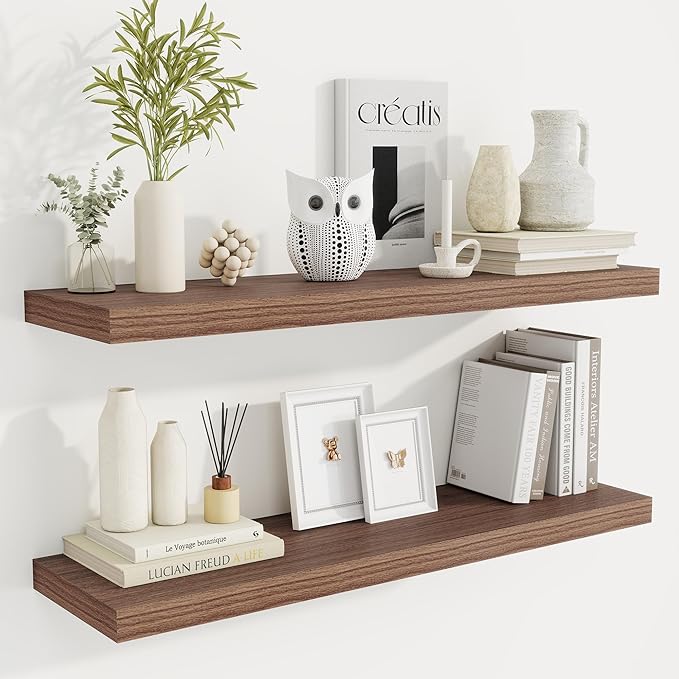 36 Inch Floating Shelves, 9.3 Inch Deep Rustic Wall Shelves - Extra Deeper Wall Mounted Storage Shelves for Bathroom, Kitchen, Living Room (Walnut, Set of 2)-CasaMuseHome