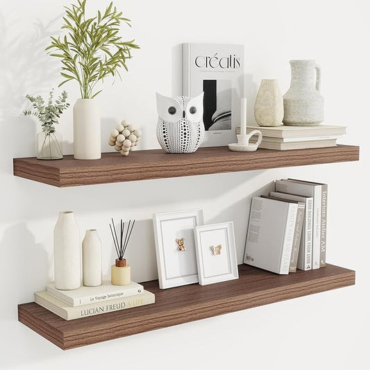 36 Inch Floating Shelves, 9.3 Inch Deep Rustic Wall Shelves - Extra Deeper Wall Mounted Storage Shelves for Bathroom, Kitchen, Living Room (Walnut, Set of 2)-CasaMuseHome