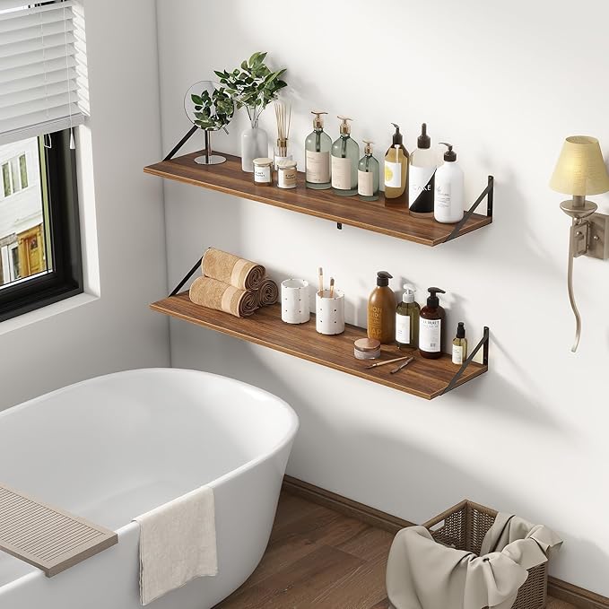 12 Inch Deep Floating Shelves,48W x 12D Floating Shelves, Deep Wall Shelves Bracket Set of 2, Large Display Floating Shelf for Bathroom, Living Room, Wide Storage Wooden Wall Shelf, Walnut-CasaMuseHome