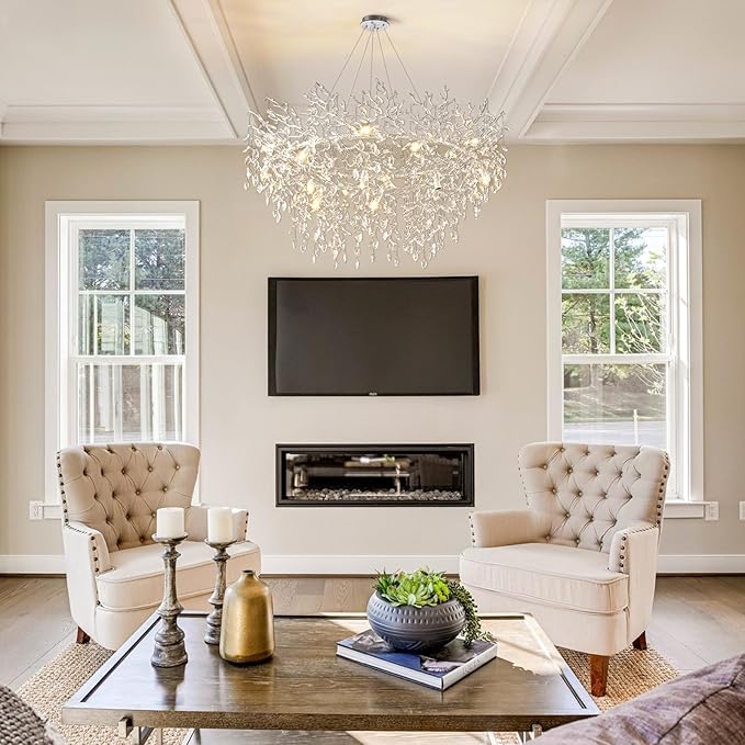 14-Light Modern Living Room Crystal Chandeliers,48" Round Silver Tree Branche Chandelier,Silver K9 Crystal Chandeliers for Dining Room,High Ceiling,Entryway、Foyer-CasaMuseHome