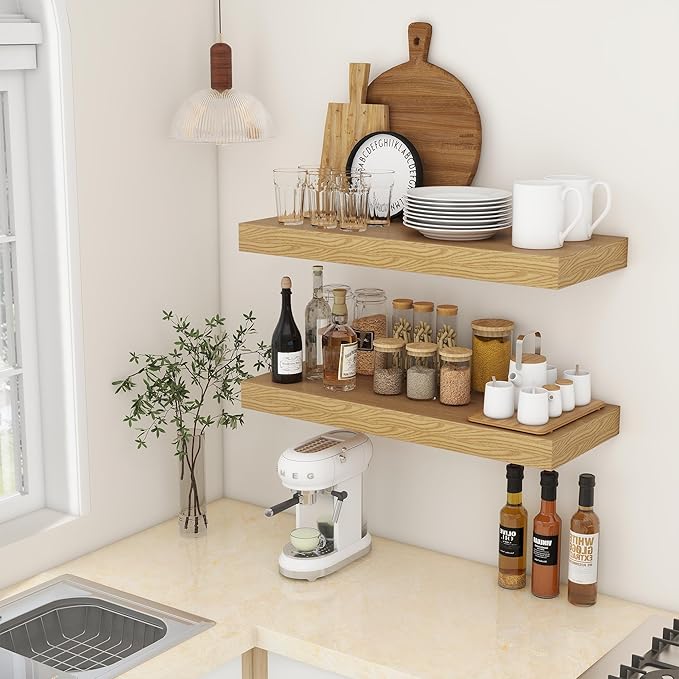 12 Inch Deep Floating Shelves | 30W x 12D Rustic Floating Shelves for Wall Set of 2 | Oak Shelves for Living Room Bathroom Laundry Room Bedroom Kitchen Home Office - Oak-CasaMuseHome