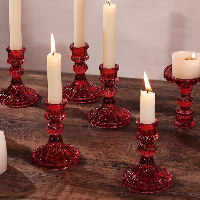 12PCS Red Candlestick Holders Set- 4" H Taper Candle Holders, Glass Candle Holders Bulk for Activities, Party, Home Table Centerpieces, Festival Gifts & Windowsill Decor-CasaMuseHome