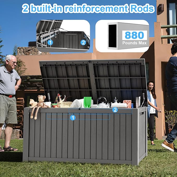 180 Gallon Deck Box,Resin Outdoor Storage Box with Lockable for Patio Furniture, Pool Accessories, Garden Tools Waterproof Outside Storage Box, Grey-CasaMuseHome