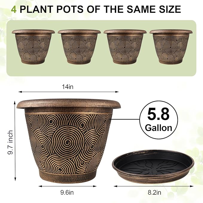 14 Inch Large Planter Pot for Plants Indoor Outdoor, 4 Pack Plastic Flower Pots with Drainage Hole & Tray, Modern Decorative Garden Pot with Saucer, Plant Container for House-CasaMuseHome