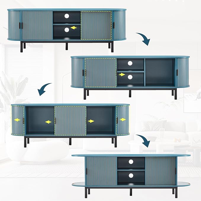 62" Tambour Door TV Stand,Wood Mid Century Modern TV Cabinet for Up to 75“ TV,Curved Edge Long TV Stand with Storage for Bedroom Living Room(62.2inch,Blue)-CasaMuseHome