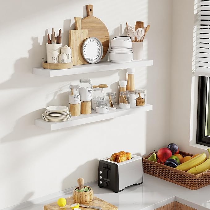 36 Inch Floating Shelves, 8 Inch Deep Floating Shelves for Wall, Hanging Shelf with Invisible Brackets, Deep Shelves for Bathroom, Bedroom, Living Room, White, Set of 2-CasaMuseHome