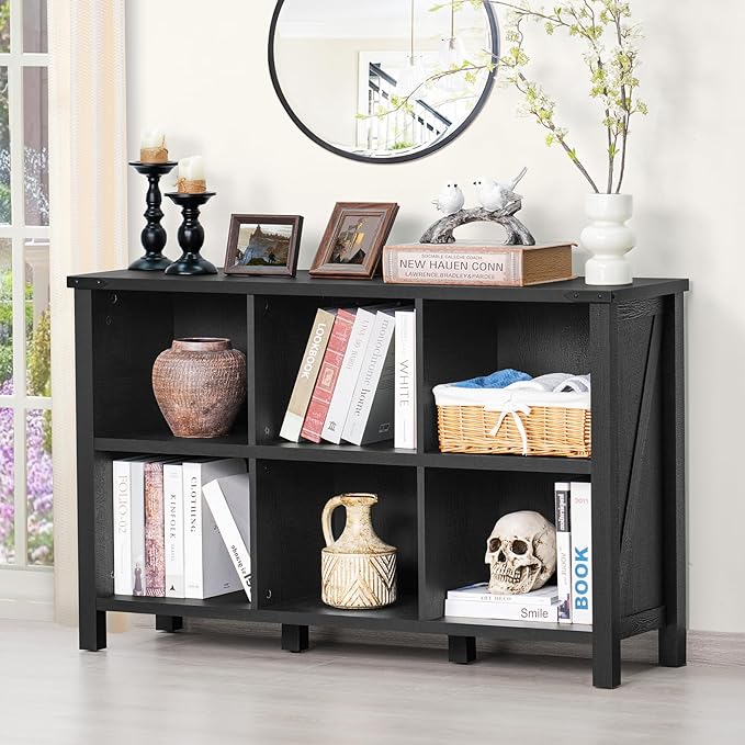 6 Cube Bookcase, Farmhouse Wood Low Storage Organizer Book Shelf, Black 47" Horizontal Console Bookshelf with Legs, Hallway Book Case for Entryway, Display Cabinet for Living Room, Office-CasaMuseHome