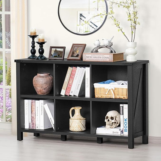 6 Cube Bookcase, Farmhouse Wood Low Storage Organizer Book Shelf, Black 47" Horizontal Console Bookshelf with Legs, Hallway Book Case for Entryway, Display Cabinet for Living Room, Office-CasaMuseHome