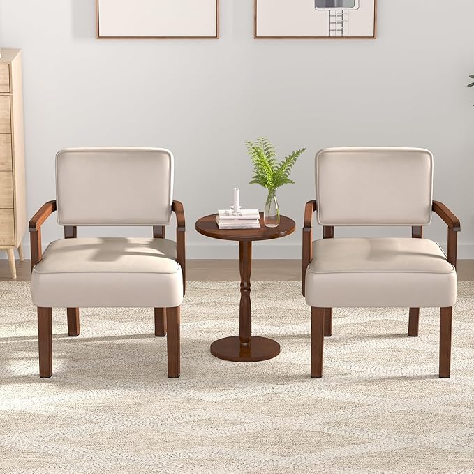 Accent Chair Set of 2 with Table, PU Leather Chair for Living Room Oversized Armchair with Soft Seat and Armrests for Bedroom Dinning Reading Waiting Room (Leather Beige)-CasaMuseHome