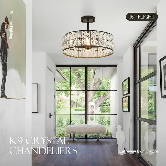 16” 4-Light Modern Crystal Chandeliers Black Dinning Room Light Fixture with Two Rods, Round Pendant Light Kitchen Island Chandelier, Flush Mount Ceiling Light for Living Room Entryway-CasaMuseHome