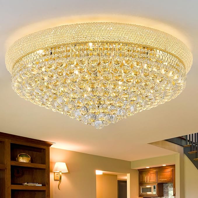 18-Light 32 inch Large Crystal Chandelier Flush Mount Ceiling Light Fixture for Living Room Dining Room Bedroom Foyer Entryway Gold Finish-CasaMuseHome