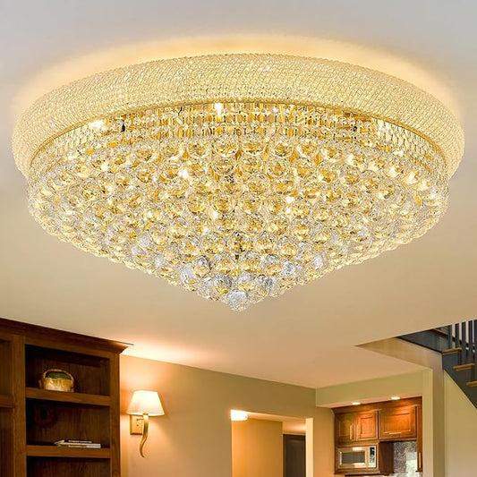 18-Light 32 inch Large Crystal Chandelier Flush Mount Ceiling Light Fixture for Living Room Dining Room Bedroom Foyer Entryway Gold Finish-CasaMuseHome