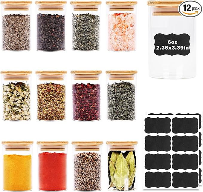 6oz Glass Food Storage Jars, Glass Jars with Bamboo Lids, Kitchen Storage Jars, Set of 12, Canisters with Airtight Lids for Spice, Coffee, Cookie, Pantry Organizers-CasaMuseHome