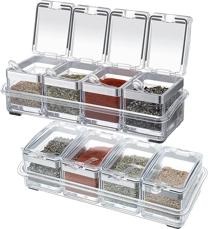 2 Set Acrylic Seasoning Organizer Box 8 Pcs Clear Seasoning Rack Spice Pots Condiments Containers with Lids and Spoons Storage Container Spice Jar for Salt Sugar Cruet Kitchen Cooking Organizer-CasaMuseHome
