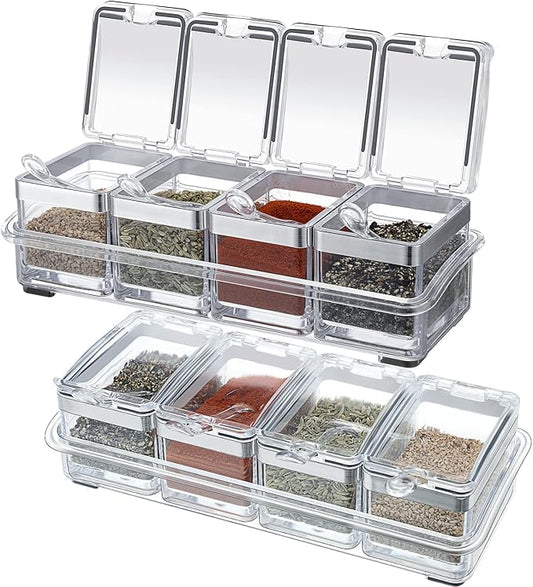 2 Set Acrylic Seasoning Organizer Box 8 Pcs Clear Seasoning Rack Spice Pots Condiments Containers with Lids and Spoons Storage Container Spice Jar for Salt Sugar Cruet Kitchen Cooking Organizer-CasaMuseHome